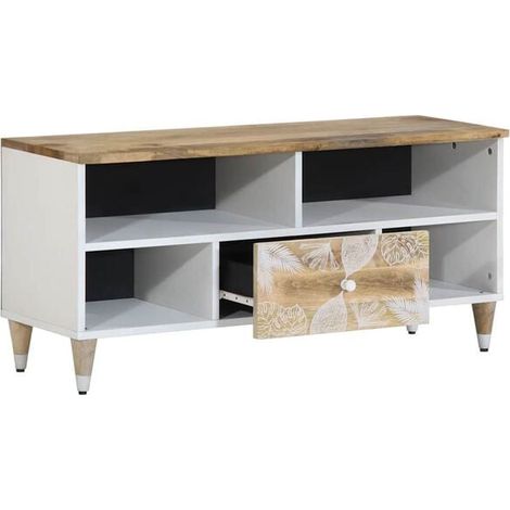 Meuble TV en Bois de Manguier Massif 100x33,5x46 cm - Console Basse de Salon avec Rangement, Style Moderne et Robuste (1/5)
