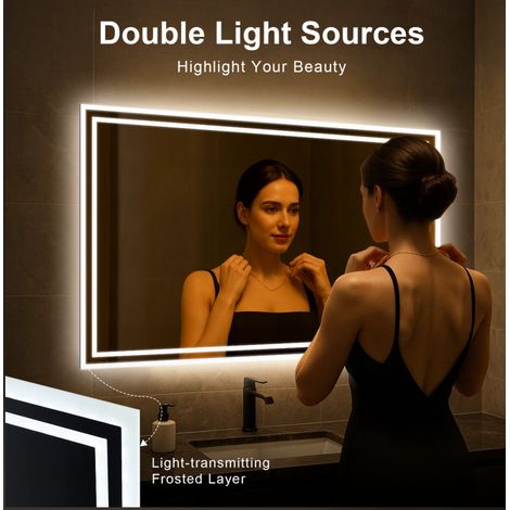LED Bathroom Mirror Makeup Mirror with 3 Colours Anti-Fog Touch Switch Wall Mounted Vanity Mirrors for Bathrooms Toilets Hallways (80 X 60 CM) (1/5)