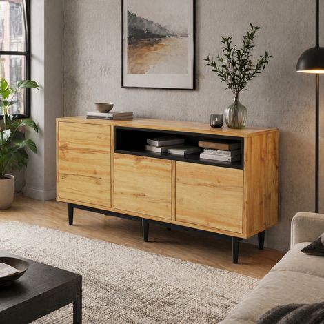 Aparador moderno 160 x 35 x 76 cm con 3 puertas y estantes, negro y madera HAVRYA (1/5)