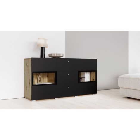 Buffet RAMOS 130 cm – Eiche und super matt Schwarz – integrierte Mehrfarben-LEDs – 2 Glastüren + 3 Schubladen