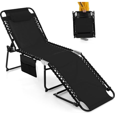 COSTWAY Sedia a Sdraio Pieghevole, Lettino da Giardino con Schienale a 4 Livelli, Tasca Laterale e Poggiatesta Staccabile, Ideale per Giardino, Piscina, Campeggio, Portata 150 kg (Nero)