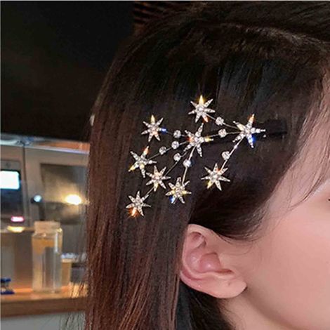 Barrette Cristal Étoile Argentée Strass Bling Pinces Cheveux Étoiles Broches Accessoires Cheveux Coiffure Mariée Femme Fille (Argent) (1/5)