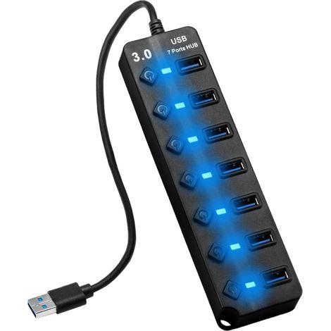 Hub USB 3.0 de 7 Puertos con Interruptores Independientes, Concentrador USB Alimentado con LED Indicador para PC, MacBook y Dispositivos Múltiples, Adaptador de Puerto Multipuerto USB con Cable 26 cm (1/4)