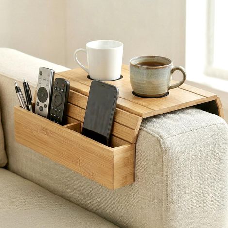 Plateau Accoudoir Canapé en Bambou avec Compartiments, 42 x 32 cm (1/5)