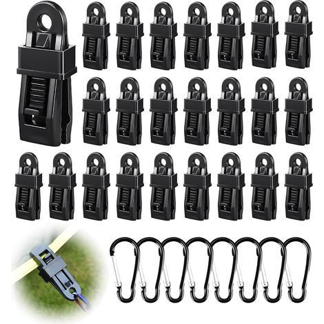 32 Pièces Attache Bache Piscine Set, 24 Pince pour Bache et 8 Mousqueton, Fixation Bache pour Camping, Carvanes, Pique-Nique (1/5)