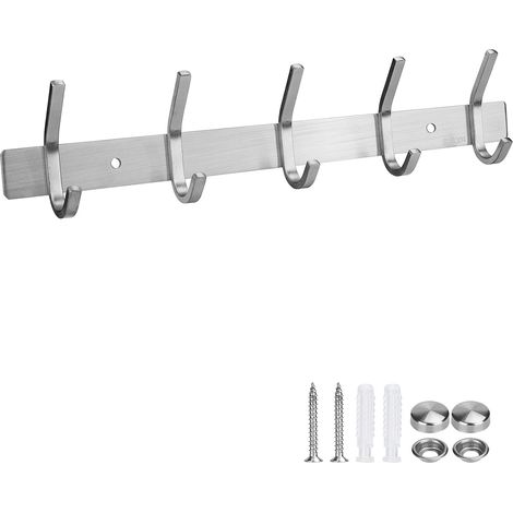 Selbstklebende Wandgarderobe aus Edelstahl mit 5 Haken, geeignet für Badezimmer und Küchen.