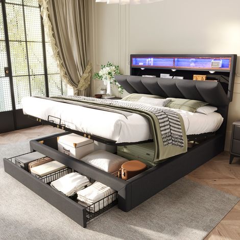 Lit rembourré 140 x 200 cm avec éclairage LED,lit coffre avec tiroirs et compartiments de rangement,tête de lit en mousse escamotable,gris (1/5)