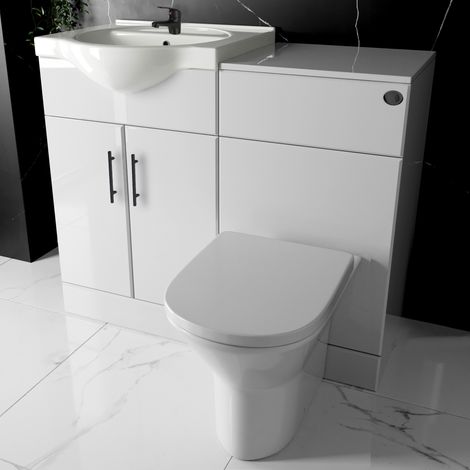 Bathroom Furniture Suite Cloakroom Vanity Unit Basin Sink and Back to Wall Toilet WC with Cistern, Plate, Tap, Waste - 1050mm (1/3)