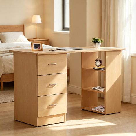 Bureau d'ordinateur fonctionnel – Plateau spacieux – 3 étagères et 3 tiroirs modulables à gauche ou droite – Structure robuste en MDF – 120 × 49 × 72 cm – Naturel (1/5)