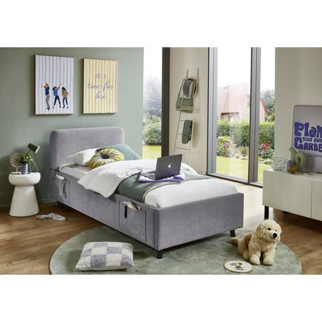 Meise Möbel Jugendbett Cosy 90x200 cm  Bettgestell  USB  4 Betttaschen  Strukturstoff Grau  Holzfuß schwarz (1/5)