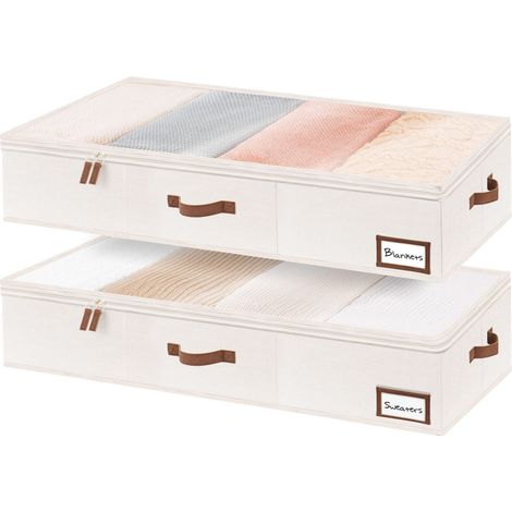 Boîte de rangement sous lit, pliable, en tissu, pour vêtements et couettes, résistante à l'humidité et à la poussière, 60 L, 78 x 42 x 16 cm, beige, sans roulettes, lot de 2. (1/5)