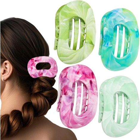Lot de 4 pinces à cheveux plates pour cheveux épais, fins et fins, pour femmes et filles, imprimé marbre, antidérapant, forte tenue, soins de la peau, maquillage, accessoires, vert, rose (1/5)
