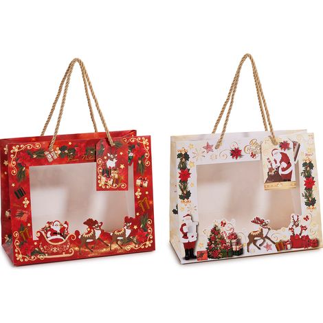 Sachets cadeau de Noël à fenêtre transparente, étiquette et anses, lot de 20, 22,5 x 10 x H. 18 cm