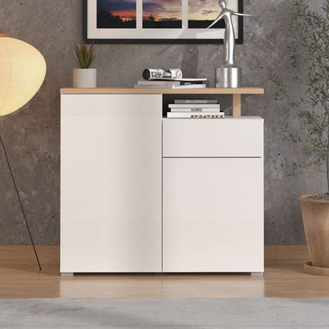 Anrichte Levate, Sideboard mit Schublade, 4 Fächer, Klapp- und Schiebetüren, 102,5x40x94h cm Weiß (1/5)
