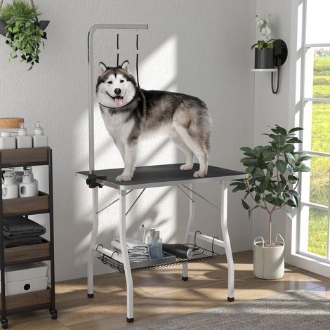 Mesa plegable para peluquería canina con superficie de goma antideslizante y 2 correas, 90 x 60 x 76 cm, negra.