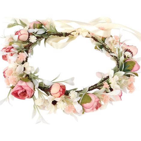Couronne de fleurs pour cheveux, couronne de fleurs bohème rose florale - Couronne de fleurs pour cheveux, couronne de fleurs bohème rose florale (1/5)