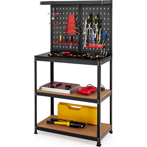 Établi de travail 80,5 x 41 x 155 cm avec 2 panneaux perforés et 13 accessoires de suspension design et robuste en acier noir et MDF