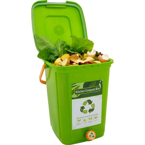 Bac à compost de cuisine 20l vert, double couvercle étanche anti‑odeur, composteur avec filtre + robinet, transforme déchets alimentaires en engrais pour jardin balcon (1/5)