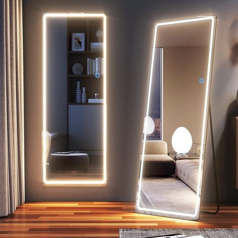Miroir sur Pied LED, 153x50cm Miroir Mural, Grand Miroir Mural rectangulaire, miroirs muraux avec éclairage LED, Miroir LED sur Pied, Long Miroir intégral, pour Chambre à Coucher Salon, Noir (1/5)