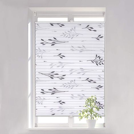 Woltu – Store plissé 65x130cm – Fixation sans perçage – Motif feuilles – Isolation thermique – Pour fenêtres jusqu'à 2.3cm d'épaisseur (1/4)