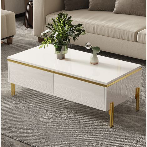 Mesa de centro 100x50x36 cm blanca, 2 cajones ocultos, aglomerado y metal MEUBLIV (1/5)