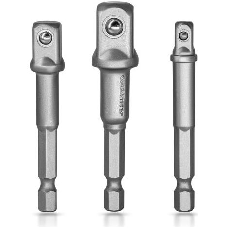 S&R Adaptateurs Porte Douilles sur Perceuse Visseuse Clés à Choc. Lot de 3 Adaptateur Mandrin pans Carré 1/4", 1/2", 3/8" en Chome Vanadium (Gris Clair) (1/5)