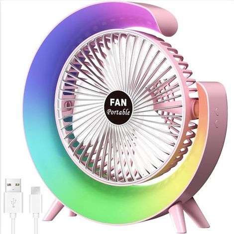 Nuevo ventilador de escritorio USB con 3 velocidades e iluminación LED de colores，Gira 180°，el dormitorio y la habitación de estudiantes (Rosa) (1/5)