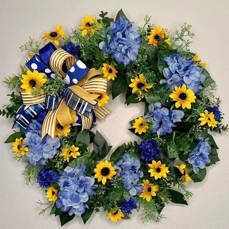 Couronnes bleues et jaunes, guirlande de fleurs pour porte d'entrée (1/5)