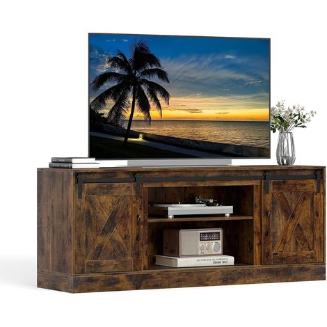 COSTWAY Mobile Porta TV fino a 70", Centro Entertainment con Porte Scorrevoli da Fienile e Ripiani Regolabili, Mobile Consolle Media di 150 cm con Kit Anti-ribaltamento per Soggiorno (1/5)