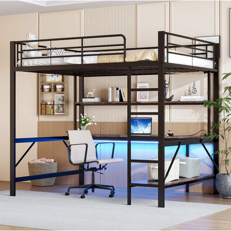 Hochbett Metall Schwarz 140x200 cm mit Schreibtisch, Regal, LED, USB und Steckdose (1/5)