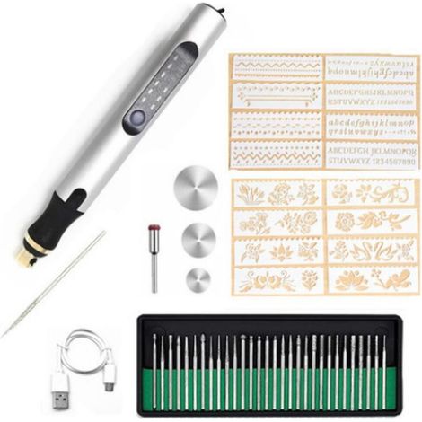 Stylo graveur électrique, 3 vitesses réglables, outil de gravure sans fil rechargeable, ensemble de 51 pièces (argent)