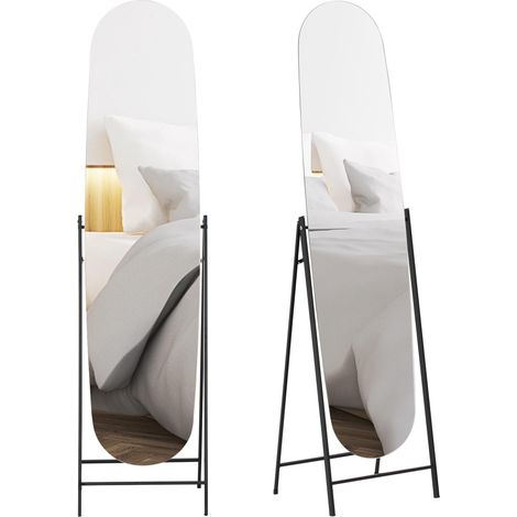 Miroir arqué pleine longueur 160 x 40 cm, sans cadre, support en métal, à poser ou à fixer au mur, noir