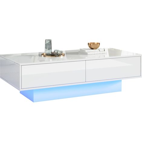 Table basse brillante blanche 115 x 55 x 34 cm avec 2 tiroirs, LED intégrée et 30 kg de charge, pour salon moderne et rangement discret – CHICFURN (1/5)