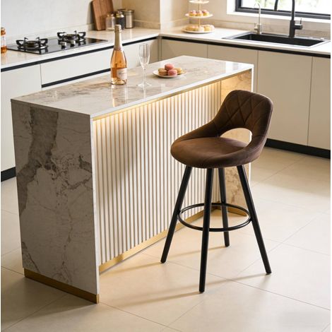 Barhocker aus Massivholz und Stoff in Dunkelbraun, ergonomisch und stabil (1/5)