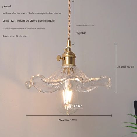 Luminaire suspension vintage 1 pièce, abat‑jour verre ondulé et structure laiton massif, douille E27 avec ampoule LED 4W lumière chaude, câble 1,5m réglable pour salle à manger, bar, entrée, chambre