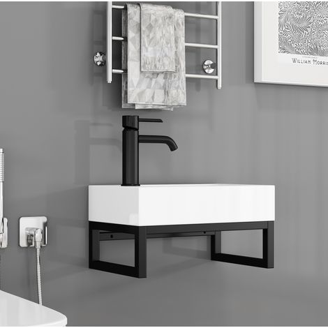 Lave-mains mural carré en céramique avec cadre métallique, trop-plein, 40 x 25 x 21 cm, blanc mat (1/5)