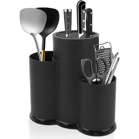 Estante de almacenamiento redondo de plástico negro 3 en 1 para utensilios de cocina: cuchillos, cucharas, cucharones y espátulas. (1/3)