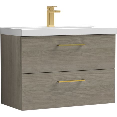 Balterley 800mm Wall Hung Bathroom 2 Drawer Vanity Unit and 1 Tap Hole Ceramic Basin, Woodgrain Mid Oak with Brushed Brass Handles