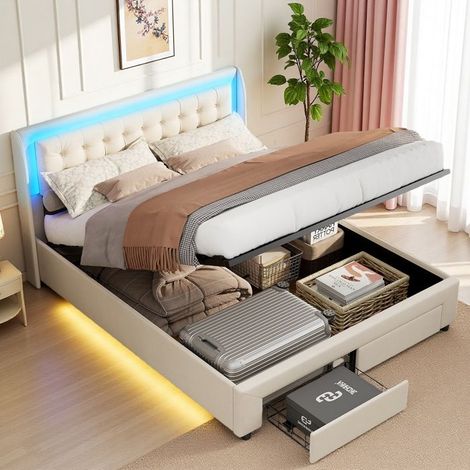 Cama doble - 180x200 terciopelo capitoné beige - LED RGB integrada - 2 cajones + cofre hidráulico - Somier incluido