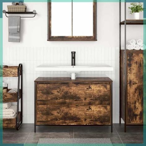 861879 Meuble de salle de bain lavabo tiroirs chêne fumé 90x34,5x60 cm (1/5)
