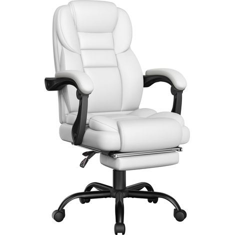 Yaheetech Poltrona Ufficio Ergonomica con Poggiapiedi Retrattile Sedia da Ufficio in Finta Pelle con Schienale Alto e Braccioli Imbottiti Reclinabile Rotelle Girevole Altezza Regolabile Bianco