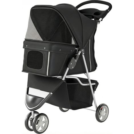 Chariot pour petits chiens avec panier de rangement, fenêtres en maille, ceinture de sécurité noir 77x44x102 cm