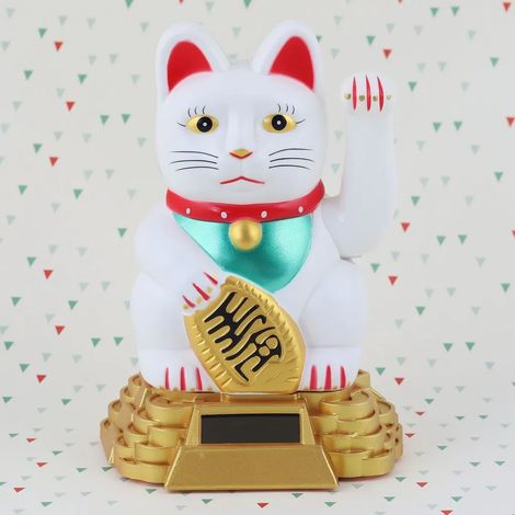 Maneki-neko - Chat porte-bonheur solaire - socle rond - 15 cm - blanc (1/5)
