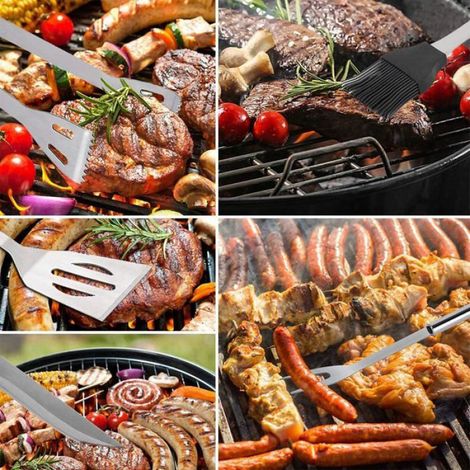Set 5 pièces d'ustensiles de barbecue en inox avec mallette — pince, pelle, couteau, fourchette, brosse (1/5)