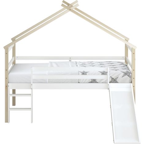 Sunny River Lit Cabane Avec Toboggan En Bois, Beige/Blanc Lit Mi-Haut , Lit Montessori - Sans Matelas - 213 X 186 X 183 Cm Pour Matelas : 90 X 200 Cm (1/5)