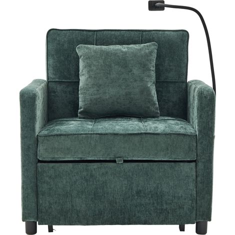 Canapé-lit 1 place convertible en chenille verte avec dossier inclinable 5 positions jusqu'à 180 degrés et tablette latérale, couchage 111 cm (1/5)