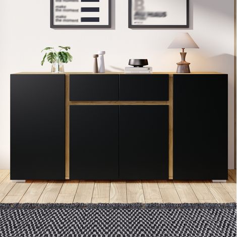 Aparador 140/35/70 cm negro y efecto madera con 4 puertas, 2 cajones y estantes ajustables (1/5)