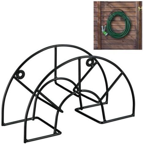 Support tuyau d’arrosage, pour 45 m & 5/8", enrouleur, dévidoir, acier, montage mural, rond, jardin, noir-Chrom (1/5)