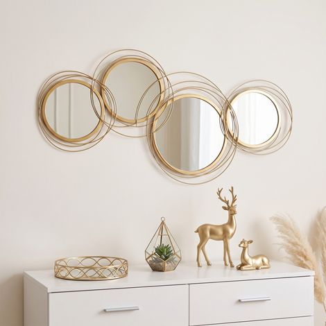 Décoration Murale 3D en Métal Doré avec Miroirs, Art Mural Design Cercles pour Salon Chambre Bureau, 107x56cm (1/5)
