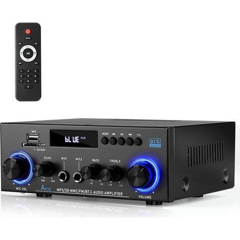 Stereo Audio Amplifier, 2.0 Channels, Bluetooth 5.0, FM Radio, Echo, USB/SD Player, Micro Inputs, Remote Control - Ideal for Home Theater and Living Room (1/5)